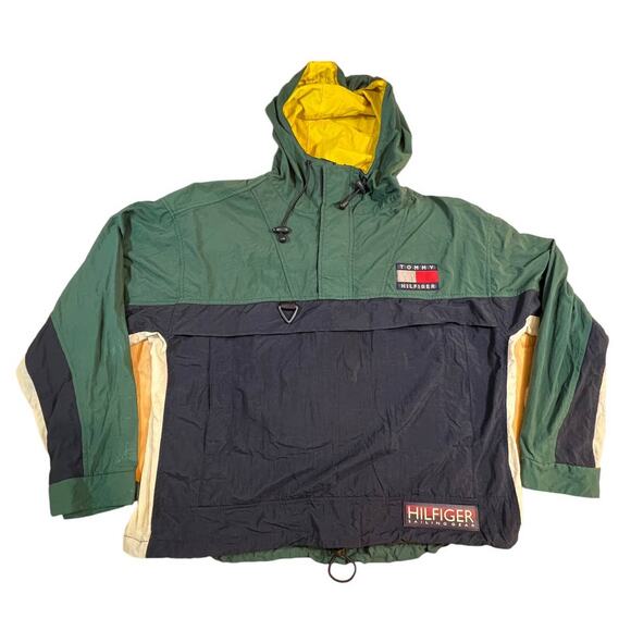 VTG Tommy Hilfiger Sailing Gear 1/4 Zip Hooded Pullover Anorak Green Blue Large - Picture 1 of 12